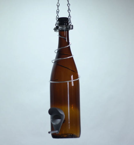 Amber Glass Wine Bottle Bird Feeder