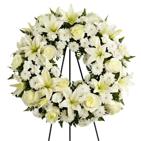 Treasured Tribute funeral flower wreath of all white flowers