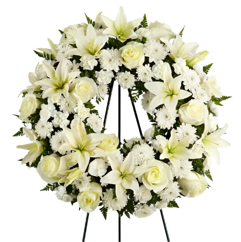 Treasured Tribute funeral flower wreath of all white flowers