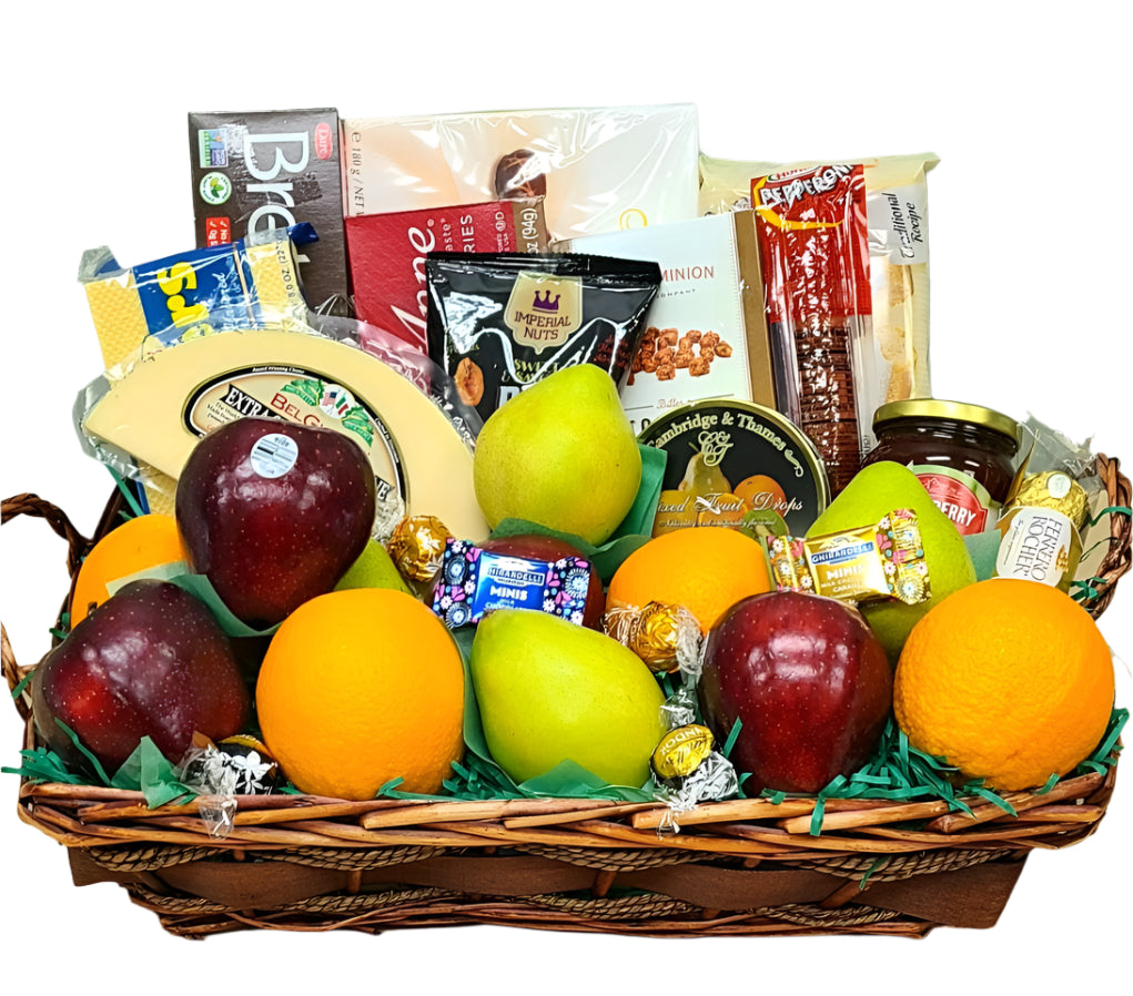 Tray of fruit and gourmet goodies