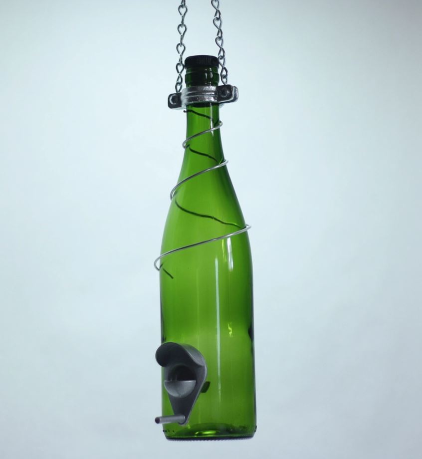 Green Glass Wine Bottle Bird Feeder