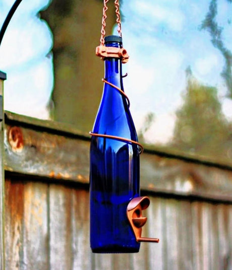 Blue Glass Wine Bottle Bird Feeder