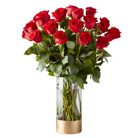Dozen Red Roses - Elegant Gold Band Vase