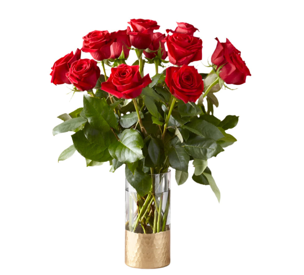 Dozen Red Roses - Elegant Gold Band Vase