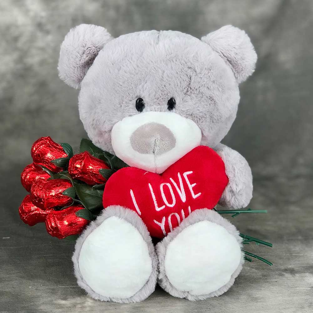 Beary Sweet plush bear with 6 chocolate roses