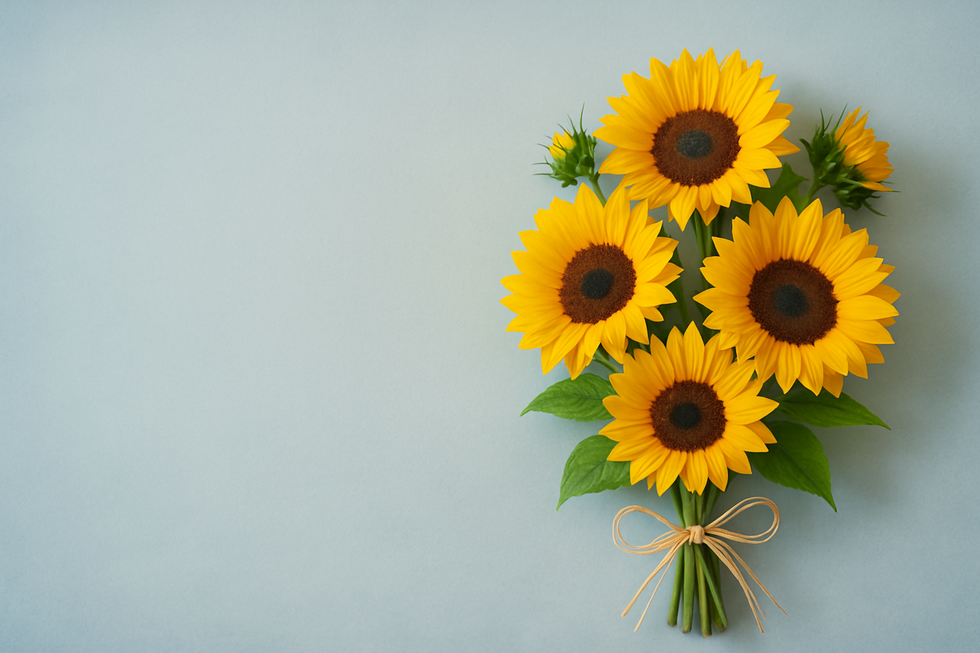 summery sunflower bouquet on the right with a muted sky blue on the left so words can be read overtop