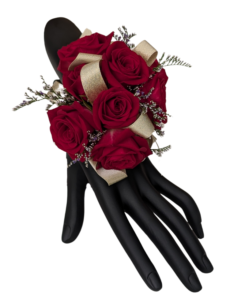 Deluxe red rose corsage with gold ribbon