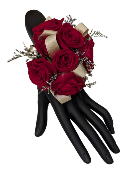 Deluxe red rose corsage with gold ribbon