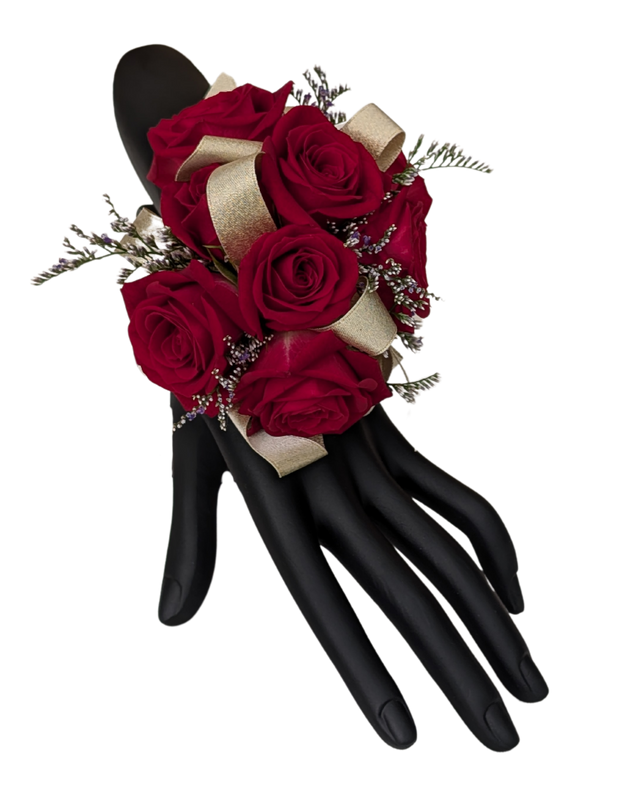 Deluxe red rose corsage with gold ribbon